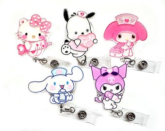 SALE !!!!! 1 pc Medical Cute Bunny Kitty Cat Dog Cartoon Character Retractable ID Badge Reel - Doctor / Nurse / Teacher Badge Reel Clips