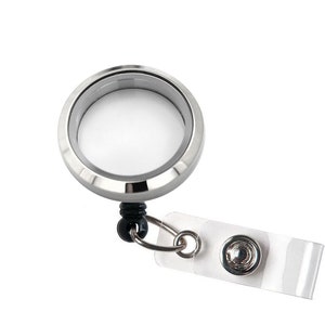 Empty Silver Screw top Floating Locket Holders - Charm Locket Badge Holders Clip - Memory Locket Retractable  ID Badge Reel