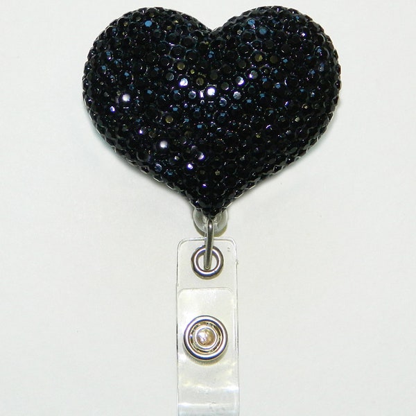 Full Bling Black Heart Rhinestones Retractable ID Badge Reel - Alligator Swivel Clip ID Badge Holder