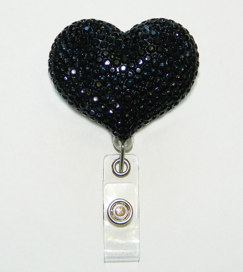 Full Bling Black Heart Rhinestones Retractable ID Badge Reel ...