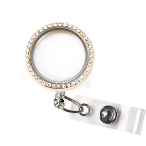 Empty Gold Screw top Floating Locket Holders - Charm Locket Badge Holders Clip - Memory Locket Retractable Rhinestone ID Badge Reel