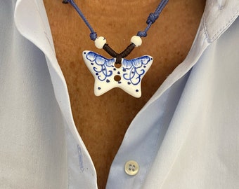 Blue adjustable ceramic butterfly necklace. Butterfly necklace blue. Adjustable