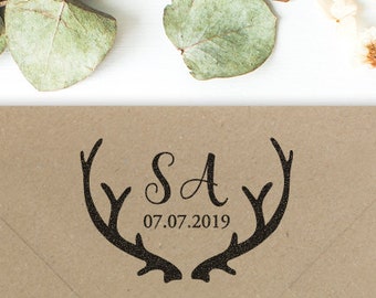 Wedding Stamp, save the date stamp, custom stamp, antlers, wedding monogram, wedding gift,wedding invitation, rubber stamp self inking stamp