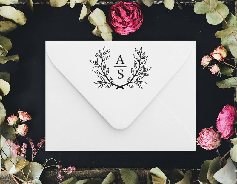 Wedding Stamp wreath with initial monogram wedding invitation rubber stamp or self inking stamp wedding gift custom stamp