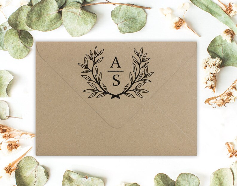 Wedding Stamp wreath with initial monogram wedding invitation rubber stamp or self inking stamp wedding gift custom stamp