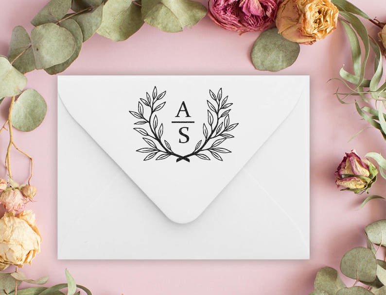 Wedding Stamp wreath with initial monogram wedding invitation rubber stamp or self inking stamp wedding gift custom stamp