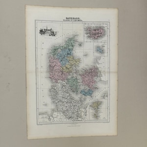 Danimarca, mappa vintage del 1882, di J. Migeon
