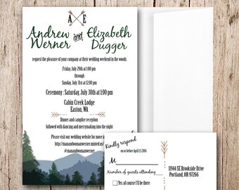 Custom Woodsy Wedding Invitation and RSVP, Forest Wedding Invitation, Camping wedding, country wedding, Rustic Wedding, Wedding Shower