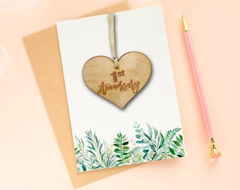 Wedding anniversary card with wooden heart ornament decoration keepsake, any year anniversary