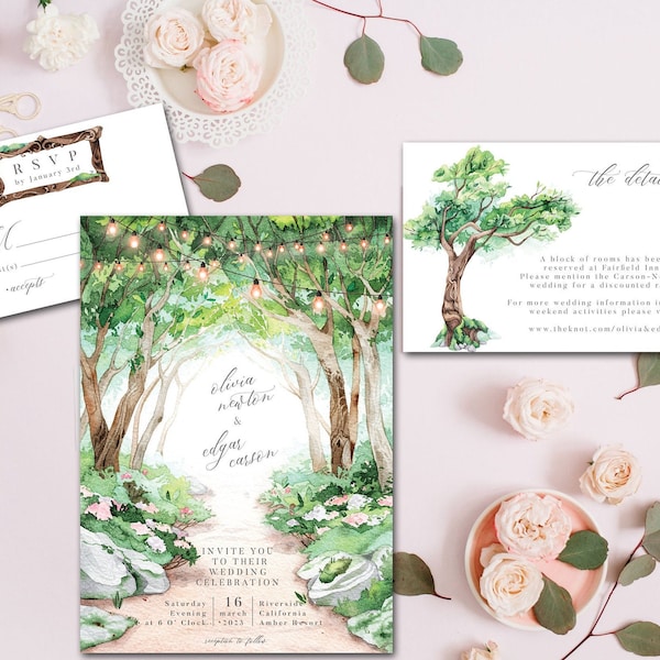 Romantic Enchanted Forest Wedding Invitation, Garden Wedding, String Lights  Outdoor Wedding, Tree Invitation - PRINTED