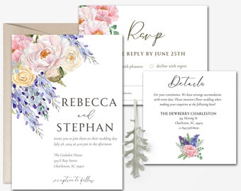 Bright, Botanical Wedding invitation, canva template, Wedding invitation suite