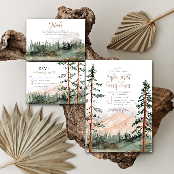Forest Wedding Invitation, Mountain Wedding Invitation, Outdoor Wedding, Tree Invitation - PRINTED