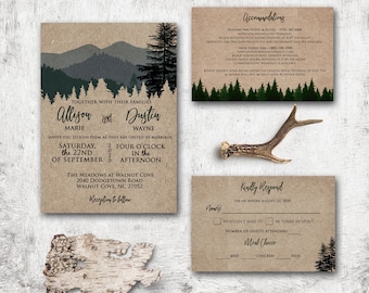 Mountain Wedding Invitation Set, Wedding invites with rsvp, Evergreen Pine trees Woodland Trees Forrest Woods Wedding invite to mail