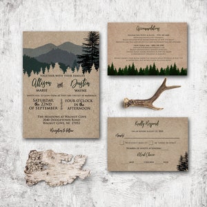 Mountain Wedding Invitation Set, Wedding invites with rsvp, Evergreen Pine trees Woodland Trees Forrest Woods Wedding invite to mail