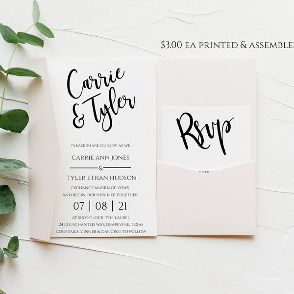 Printed and Assembled Wedding Invitation Template Set Pocketfold, Modern Calligraphy, Pocket fold Wedding
