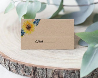 Rustic Sunflower Wedding Place cards, Kraft place cards, Rustic Wedding, Sunflower wedding, Wedding name cards, printed place cards