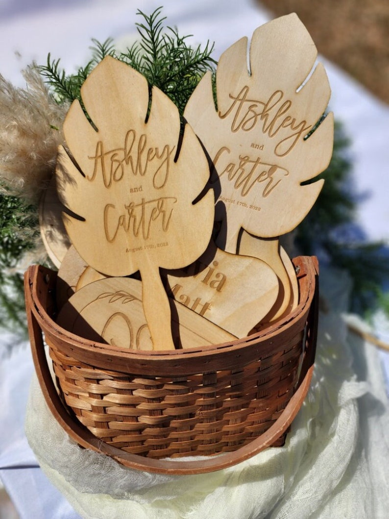 Wooden Hand Fans for Wedding or Event, Engraved Gift, Wedding fan favors, Outdoor ceremony fan, Many Shapes and styles to choose from image 1