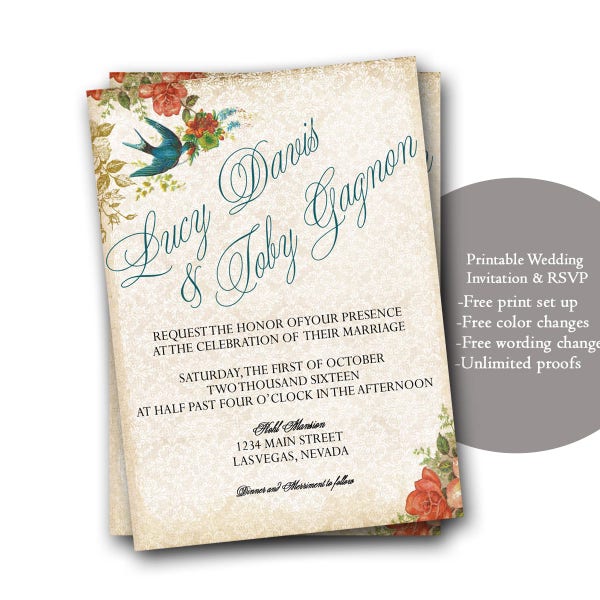 Vintage Birds Wedding Invitation and RSVP, Rustic Sparrow Floral Wedding Invitation, Vintage Lovebirds, Printed or Printable, Vintage Invite