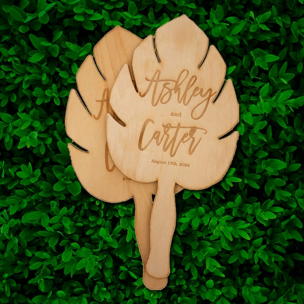 Wooden Hand Fans for Wedding or Event, Engraved Gift, Wedding fan favors, Outdoor ceremony fan-Monstera leaf