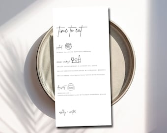 Minimal Wedding Icons Menu, Printed Table Menu, minimalist modern symbols