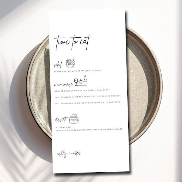 Minimal Wedding Icons Menu, Printed Table Menu, minimalist modern symbols