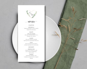 Eucalyptus Heart menu cards for wedding, Printed Wedding Menu, minimalist wedding, 4 x 9