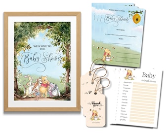 Classic Winnie Baby Shower Bundle, Invitations, The Pooh Invites, shower games, Welcome sign decoration, party favor tags, for 25 guests