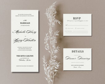 Elegant Wedding invitation card template, Canva digital template, classic, clean, Wedding Invitation suite, printable, editable, qr code