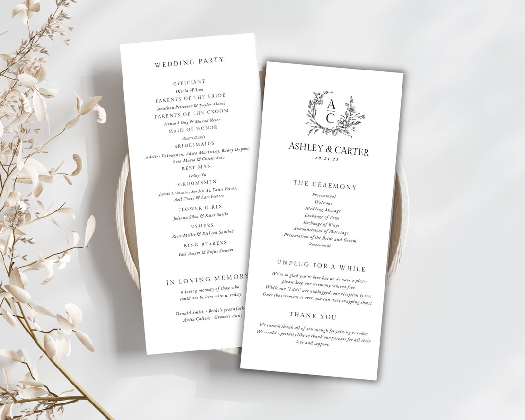 Monogram Program Template, Canva Template, Elegant Monogram Wedding
