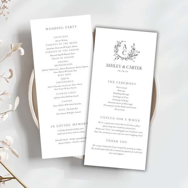 Monogram Program template, canva template, Elegant monogram wedding ceremony program, printable, editable