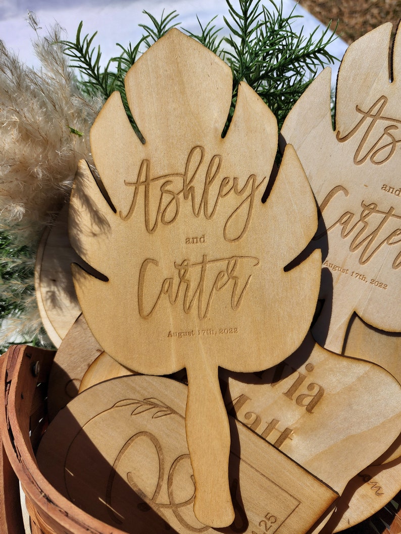 Wooden Hand Fans for Wedding or Event, Engraved Gift, Wedding fan favors, Outdoor ceremony fan, Many Shapes and styles to choose from image 2