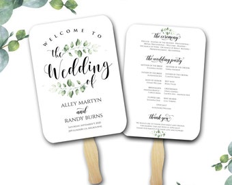 Wedding Program Fan, Printed and Assembled, Greenery, Simple Wedding, wedding favor