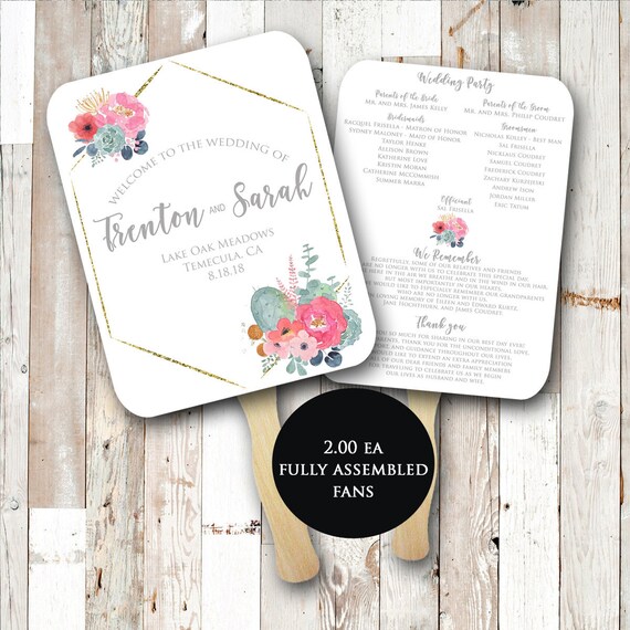 Succulent Wedding Program Fan Assembled Wedding Fans Fans Etsy