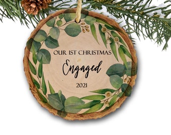 First Christmas Engaged Ornament Engagement Gift for Couple Engagement Christmas Ornament Personalized Engaged Gift for Couples - Greenery