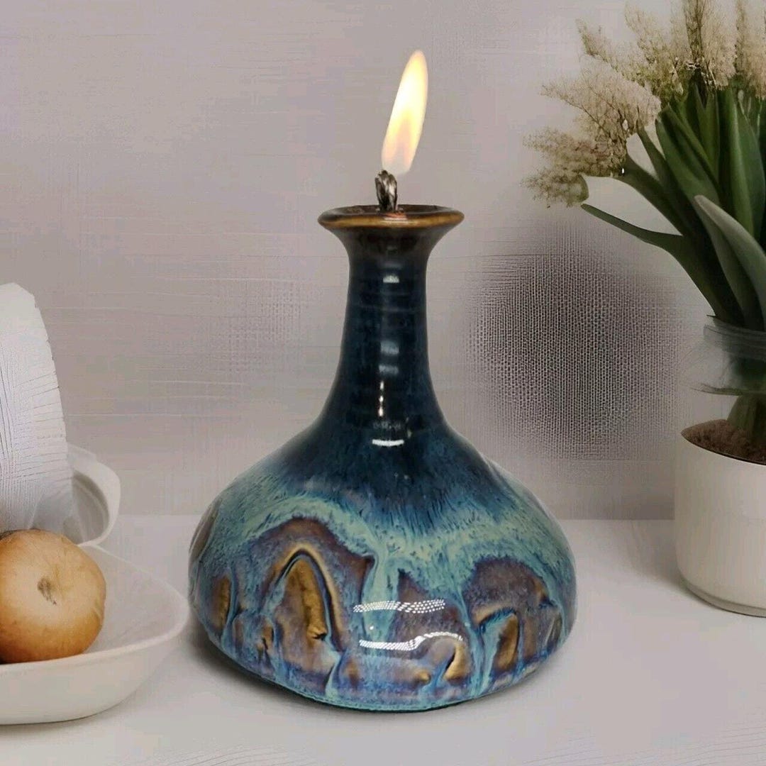 Contemporary Art Pottery OIL Lamp Vintage Handmade Signed Reiberg Ca ...