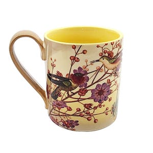 Anthropologie Orchid Mugs w/Coral Hummingbird Stoneware Handcrafted Pair EUC afbeelding 3