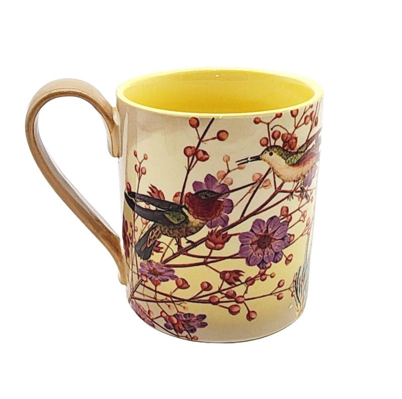 Anthropologie Orchid Mugs w/Coral Hummingbird Stoneware Handcrafted Pair EUC afbeelding 3