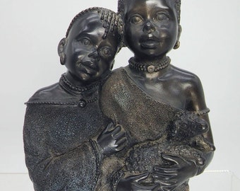 Rare Seymour Mann African Sculpture with 2 Children Holding Baby Lamb Art Deco Resin Sculpture Statue 6.5” Vintage 1950s-1960s