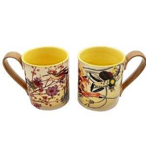 Anthropologie Orchid Mugs w/Coral Hummingbird Stoneware Handcrafted Pair EUC afbeelding 2