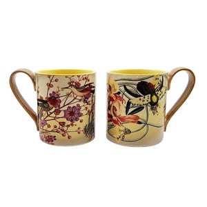 Anthropologie Orchid Mugs w/Coral Hummingbird Stoneware Handcrafted Pair EUC afbeelding 1