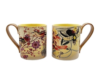 Anthropologie Orchid Mugs w/Coral Hummingbird Stoneware Handcrafted Pair EUC