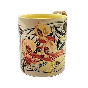Anthropologie Orchid Mugs w/Coral Hummingbird Stoneware Handcrafted Pair EUC afbeelding 4