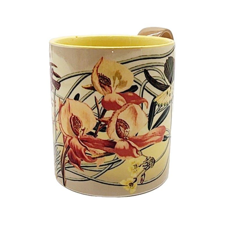 Anthropologie Orchid Mugs w/Coral Hummingbird Stoneware Handcrafted Pair EUC afbeelding 4