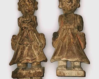 Two Antique Hand Carved Wood Putali Dolls Figurines Folk Art India Asia ~1880s