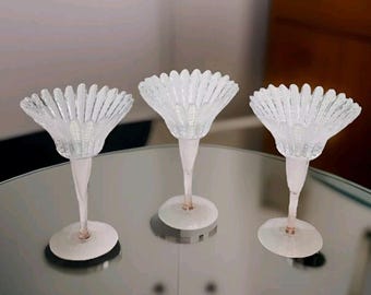 Rare Set of 3 Glass Crystal Flower Candle Holders Scalloped Daisy Floral Tealights Vintage EUC
