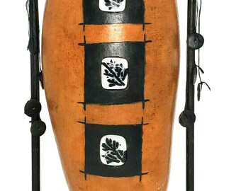 Summer Sale! Hand Carved 18" Gourd Folk Art Glass Inlay, Beads, Wood Stand Sculpture Vintage Mid-Century