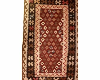 Half Off Vintage Mid-Century Geometric Burgundy Kilim Flat-Woven Area Rug Wool Carpet EX+