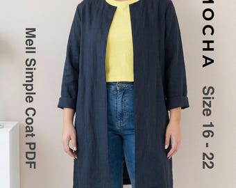 Plus Size Coat Sewing Pattern | Easy Linen Jacket PDF | Beginner Open Front Duster | Mell Simple Coat Sizes 16-22 | DIY Women Outerwear