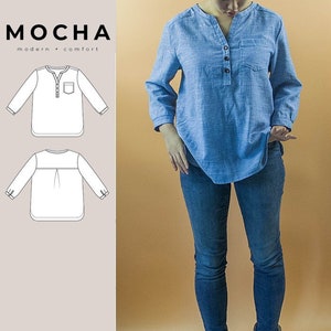 Padrão de costura PDF para camisa MOCHA Emma - 4 tipos de papel (A4, US Letter, A0, 36"x48")