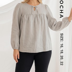 Nevaeh Curvy Tie Neck Top PDF Sewing Pattern| Plus Size Blouse | Womens Gathered Peasant Shirt | Long Sleeve Linen Blouse | Size 16-22